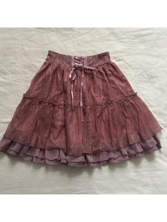 Axes Femme Dresses & Skirts - Axes Femme Pink lace skirt with corset lacing ribbon bow Size medium